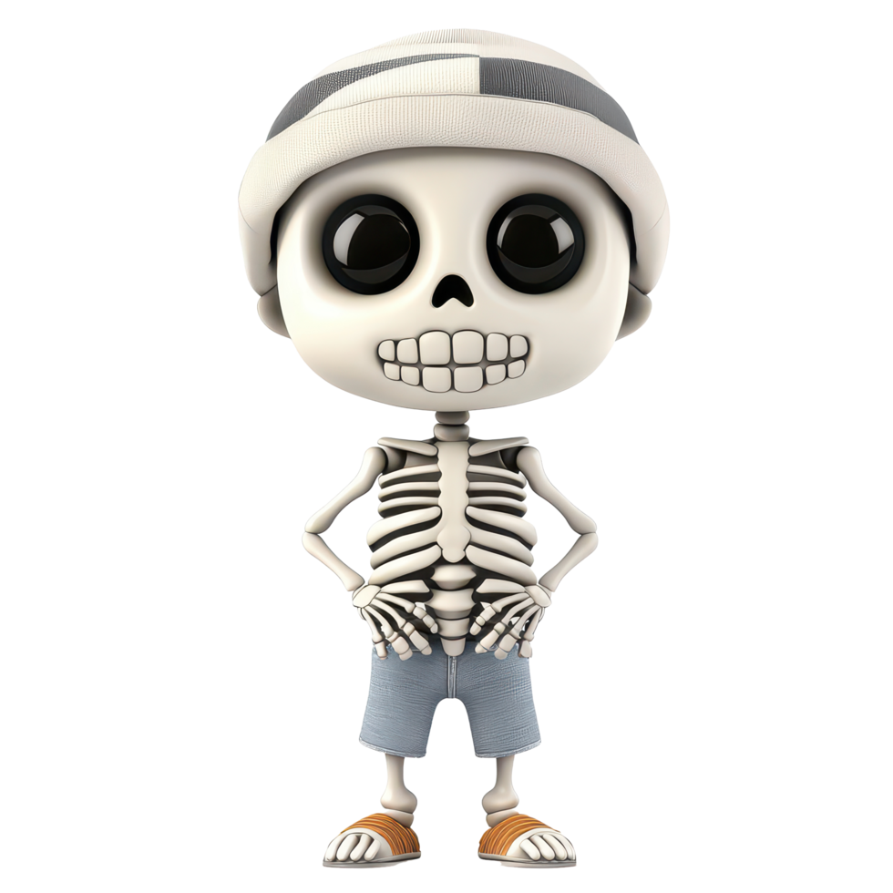 Cartoon boy in skeleton disguise poses playfully against a transparent background during Halloween festivities, 3D cartoon boy disguised as skeleton, isolated on transparent background png
