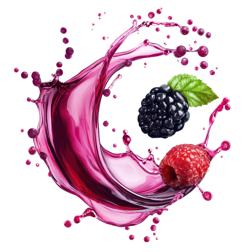 Berry juice swirl splash isolated on a transparent background showcasing fresh raspberries and blackberries, Berry juice swirl splash isolated on transparent background png