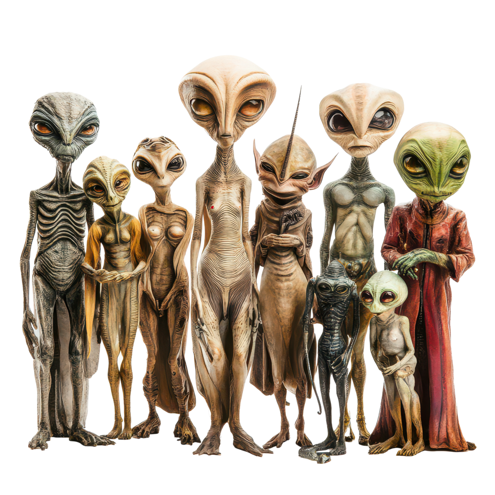 A diverse group of extraterrestrial beings gathered together in a neutral setting showcasing various features and sizes, A group extraterrestrial beings standing together, transparent background. png