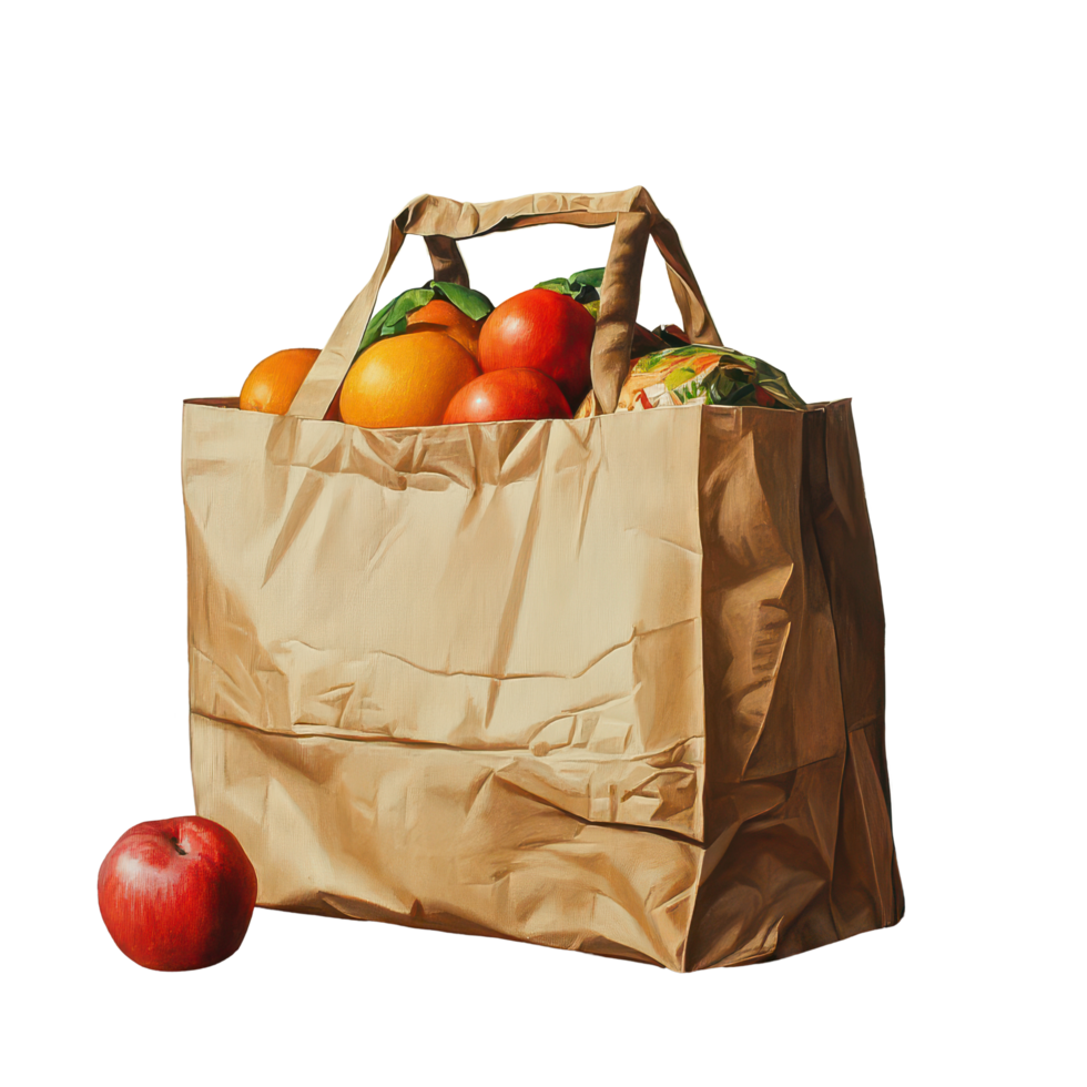 Freshly bagged groceries with oranges and apples placed on a kitchen countertop during the day, Bag groceries png