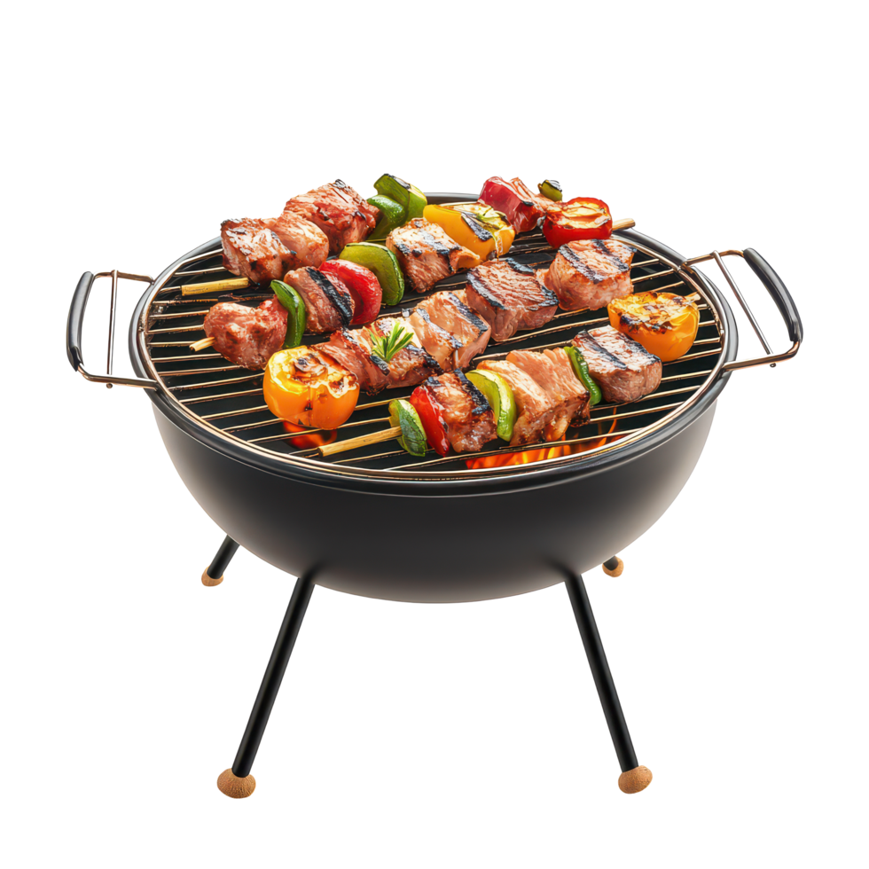Wooden BBQ grill with skewered meat and vegetables ready for outdoor cooking on a transparent background, BBQ grill isolated on transparent background png