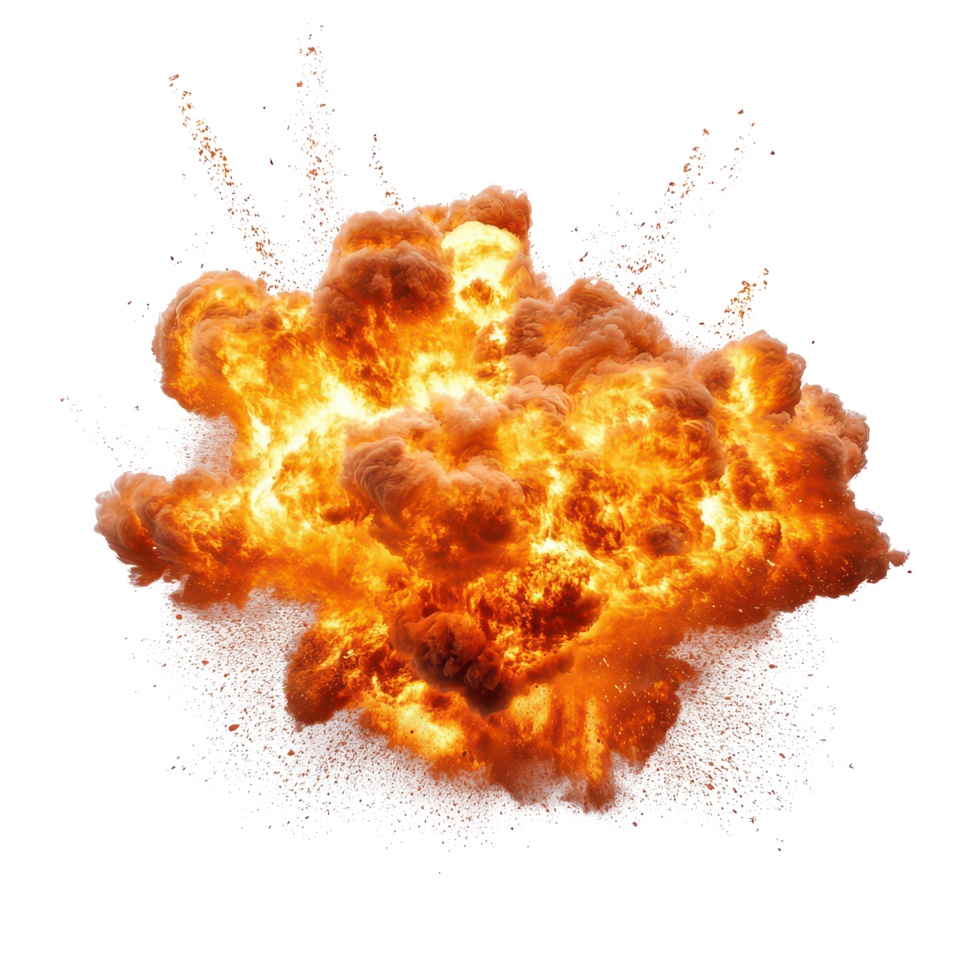 Massive fire explosion on a transparent background, showcasing vibrant flames and debris during an intense combustion event, big fire explosion isolated on transparent background png