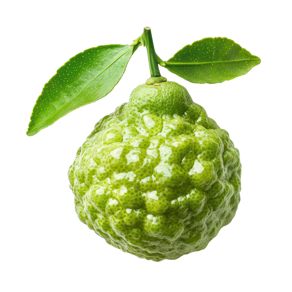 Fresh bergamot lime with a drop of water showcasing its textured skin against a transparent background, Bergamot or Thai lime with drop of water isolated on transparent background png