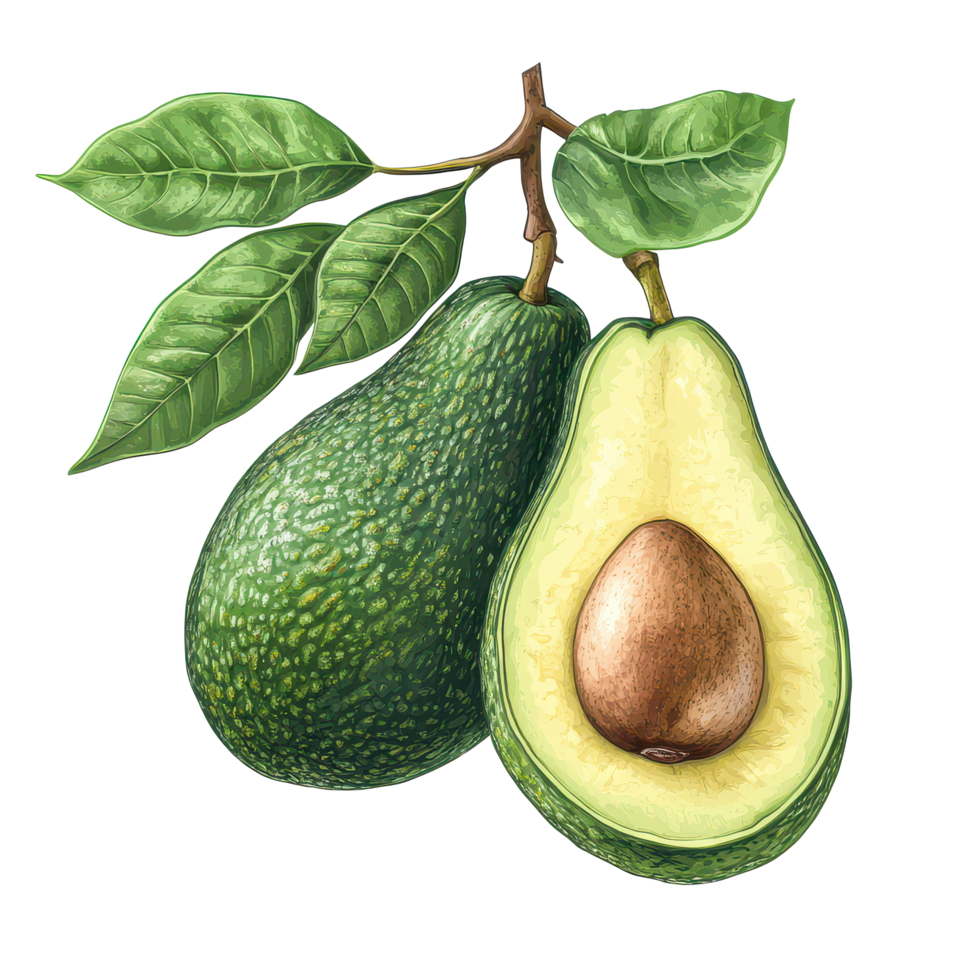 Realistic botanical illustration of avocados featuring whole fruit and a halved avocado on a transparent background, Avocado Botanical realistic on transparent background png