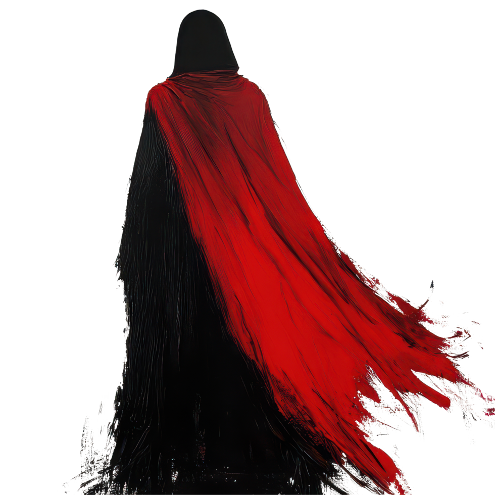 Mysterious figure in a black cloak and flowing red cape against a stark transparent background, black cloaked figure with a red cape, transparent background. png