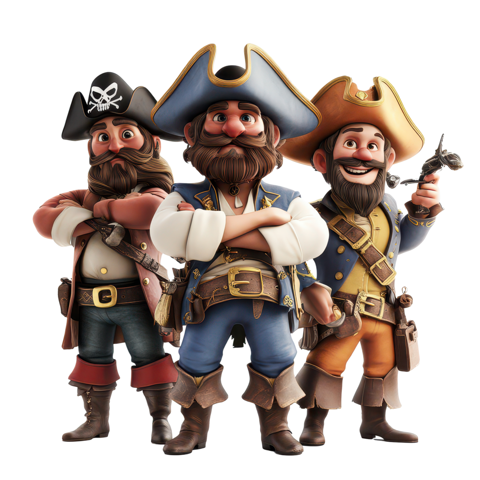 Three cartoon pirates ready for adventure with swords and treasure maps in a colorful, 3D Cartoon Pirate Characters, Swashbuckling Buccaneers Isolated on transparent background png