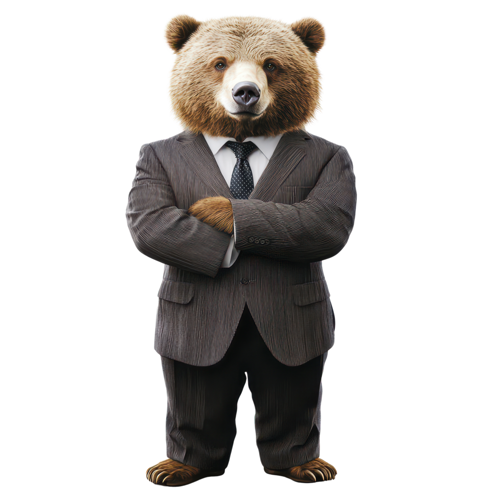 An authoritative bear boss confidently poses in business attire against a transparent background, showcasing leadership, Authoritative Bear Boss in Business Attire On transparent background png