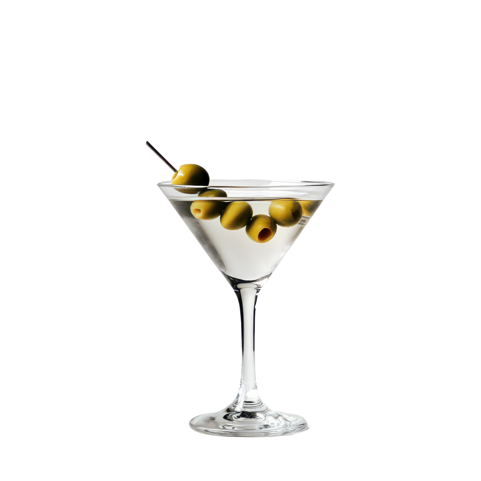 Enjoying a classic martini with olives served in a stylish glass against a neutral backdrop at an elegant setting, A classic martini with olives in a elegant martini glass, transparent background. png