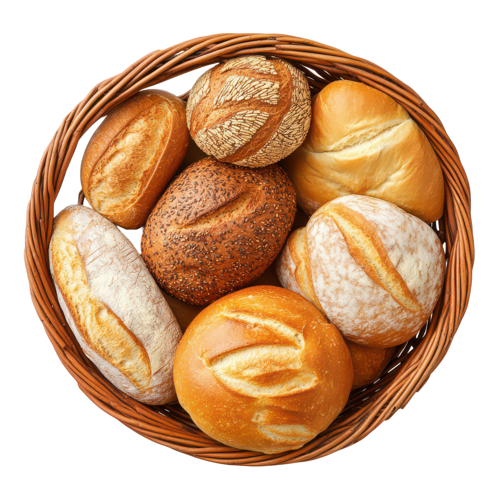 A top view of a basket filled with various types of bread on a transparent background for culinary inspiration, Basket with different kinds bread Top view Isolate on transparent background png