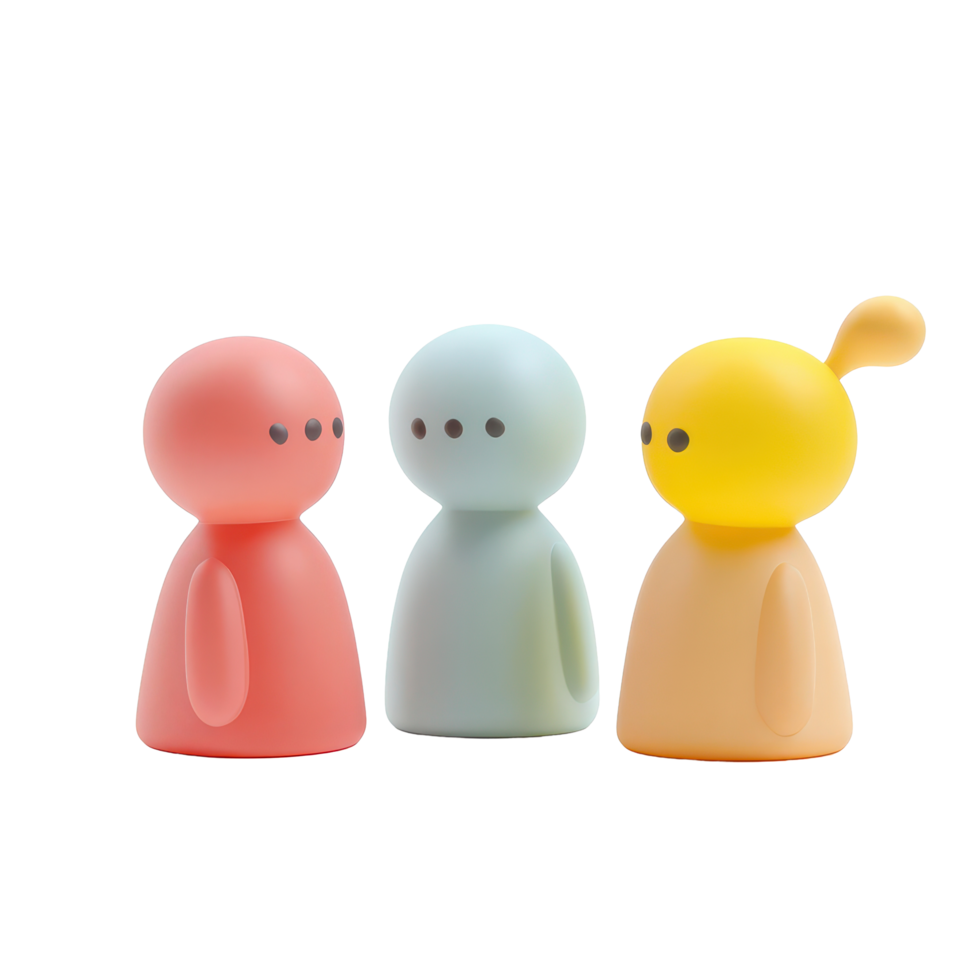Minimalist icon figures in conversation with vibrant speech bubbles expressing thoughts and ideas, 3D Minimal Icon Figures with Speech Bubbles Isolated on transparent background png