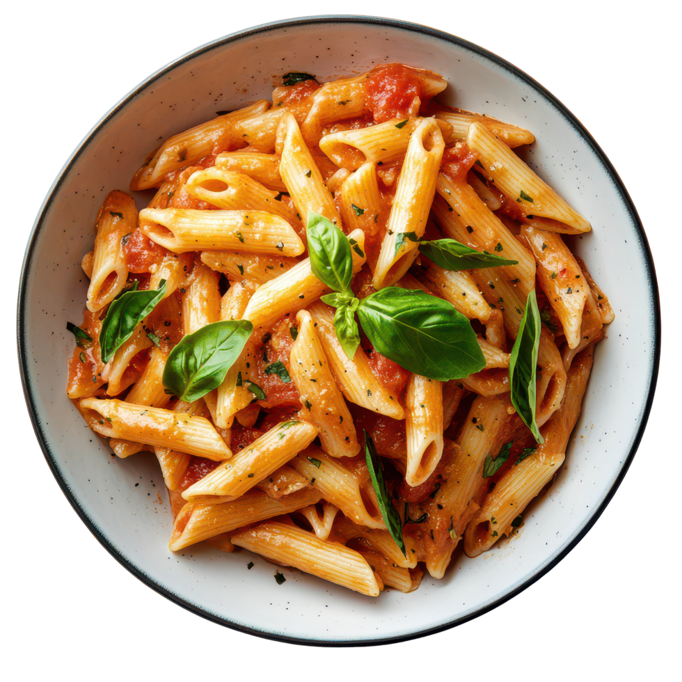 A flavorful bowl of penne pasta tossed in rich tomato sauce and fresh basil on a light background, a delicious bowl pasta with rich tomato sauce, transparent background. png