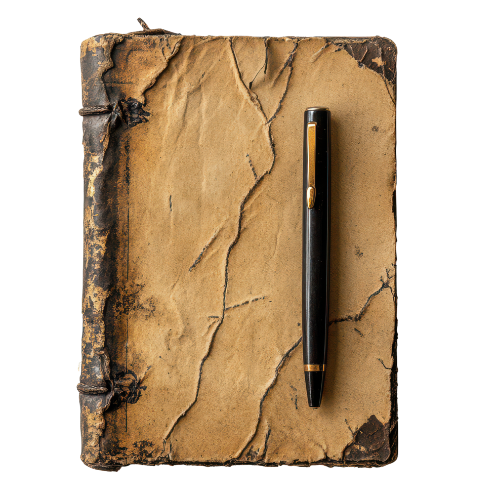 Aged worn notebook with a pen on a transparent background, conveying creativity and inspiration, Aged Worn Notebook with Pen, transparent background. png