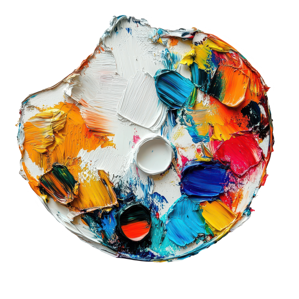 Artistic paint palette on a transparent background showcasing vibrant colors and textures for creative expression, Artistic Paint Palette, transparent background. png
