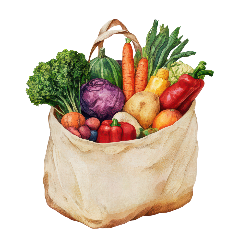 A canvas bag filled with fresh vegetables from the local farmer's market, perfect for preparing healthy meals, Bag full groceries png