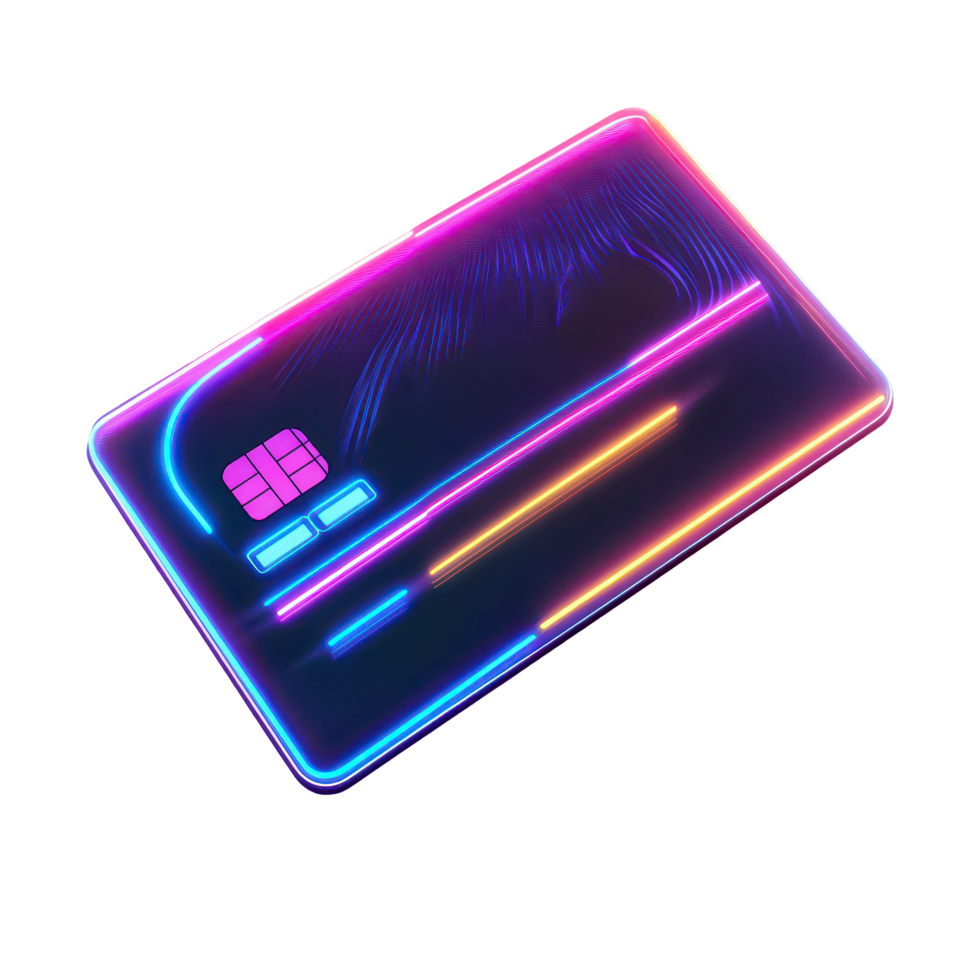 Stylish bank card with dark neon light effects against a clean transparent background for modern financial transactions, Bank card with dark neon light effect transparent background png