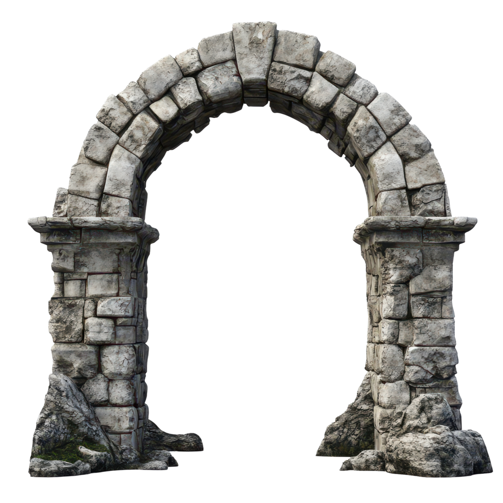An ancient stone archway against a transparent background showcasing historical architectural details and weathered texture, Ancient Stone Archway - transparent background png
