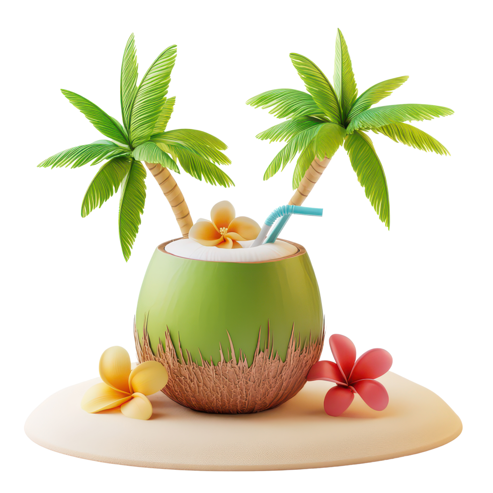 Relaxing in a cartoon tropical paradise with coconut drinks and vibrant flowers during a sunny day, 3D Cartoon Tropical Relaxation Scene with Coconut Drink On transparent background png