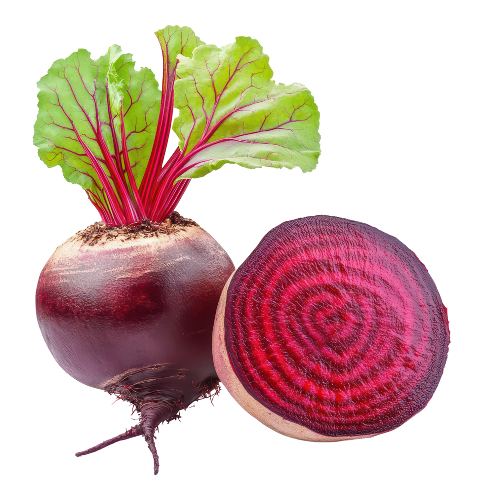 Fresh beetroot with vibrant greens and a cross-section showcasing its intricate design on a transparent background, beetroot vegetables and a half isolated on transparent background png
