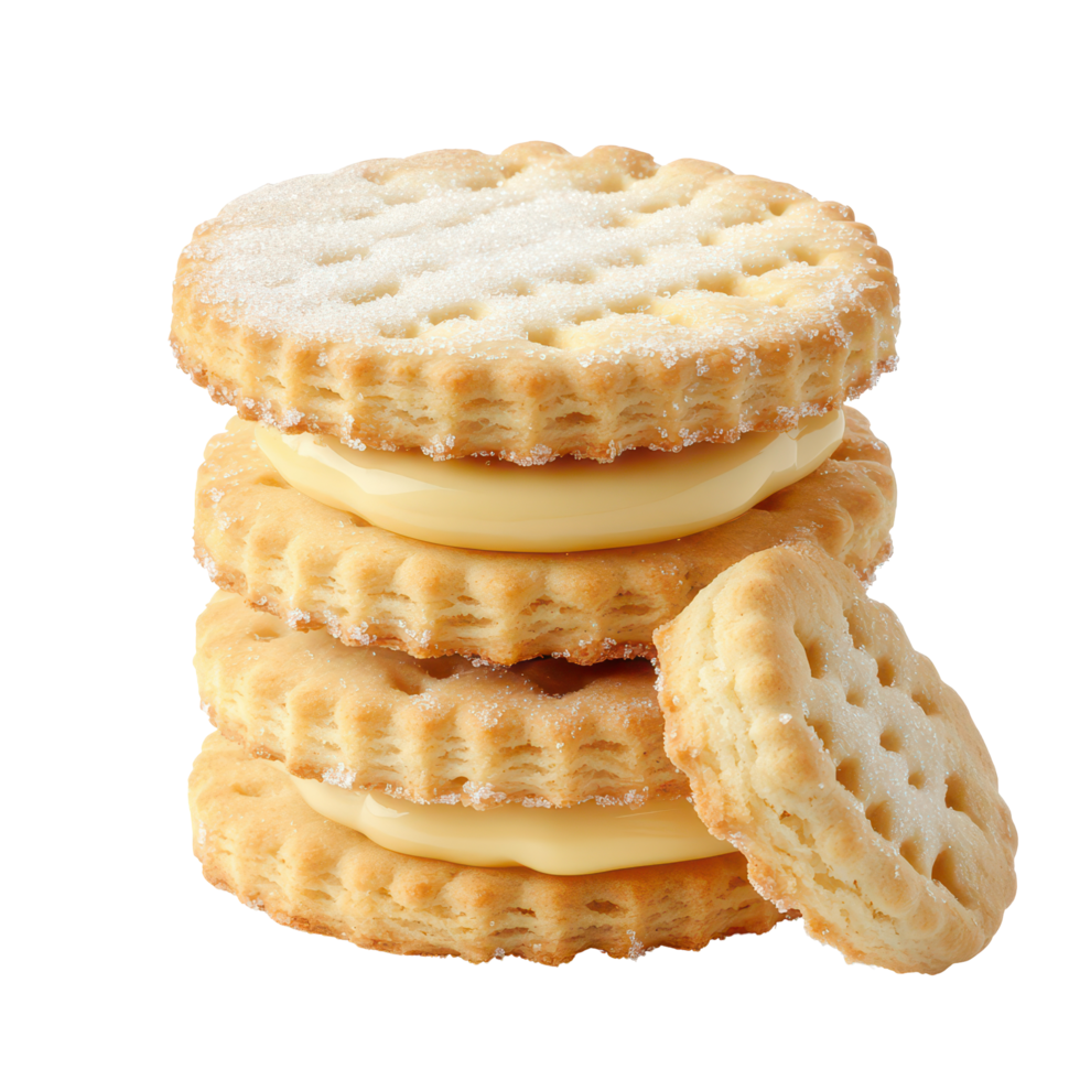 Delicious butter biscuits filled with sweet cream, perfectly stacked on a transparent background, Biscuits butter with sugar isolated on transparent background png