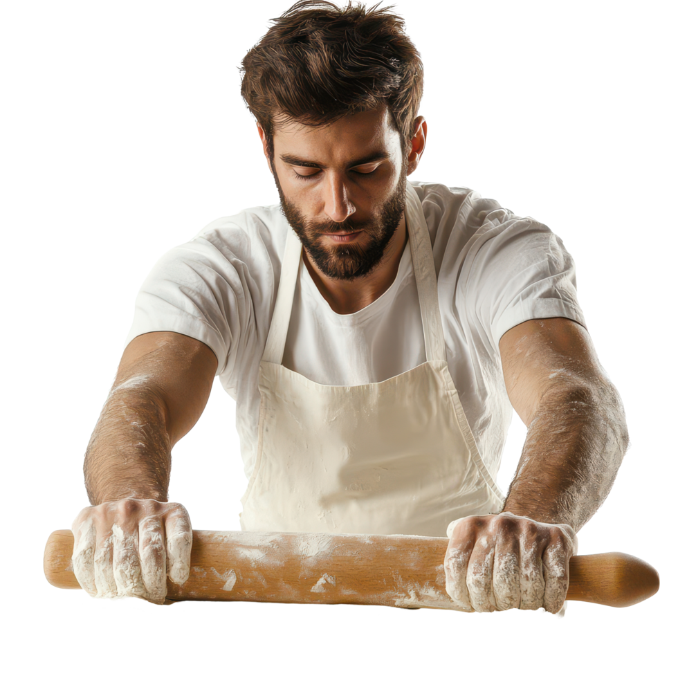 A passionate baker skillfully rolls out dough with a wooden pin in a bright kitchen, A baker with a rolling pin rolls out the dough Isolate png