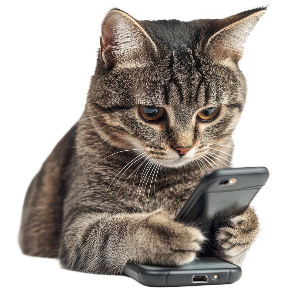 A curious cat exploring a smartphone on a transparent background during a quiet afternoon, A Cat Using a Cell Phone, transparent background. png