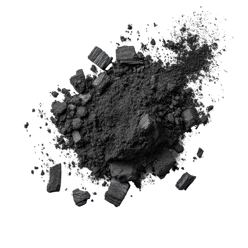 Activated charcoal powder isolated on a crisp transparent background, showcasing its fine texture and rich color, Activated charcoal powder isolated on transparent background png