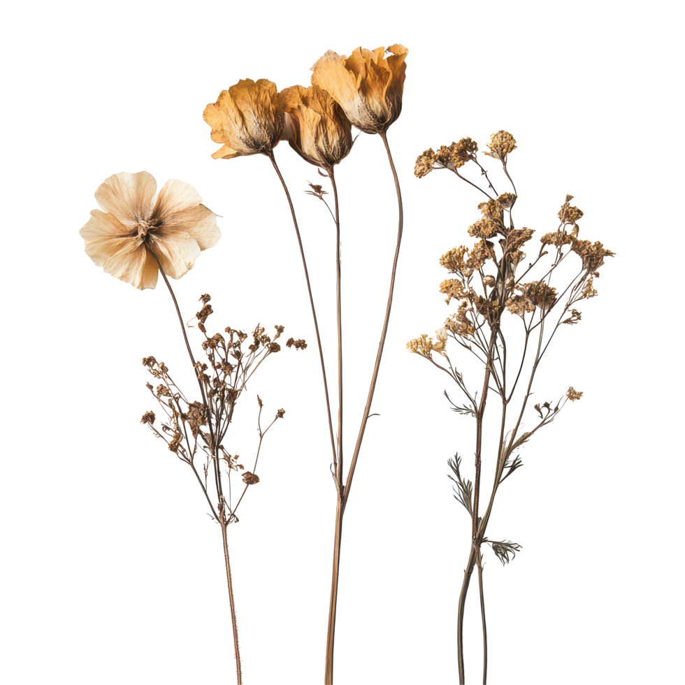 Dried autumn flowers arranged on a clean transparent background capturing the essence of fall beauty and nature's elegance, Autumn dry flowers isolated on transparent background png