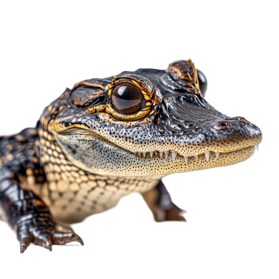 A close-up view of a small alligator resting on a surface, showcasing its unique features and textures, a close up a small alligator on a surface. transparent background png