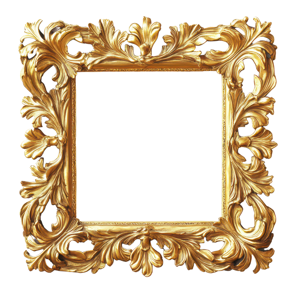 Elegant ancient golden picture frame decoration isolated on a clean background for artistic display or design, ancient golden picture frame decoration isolated on transparent background png