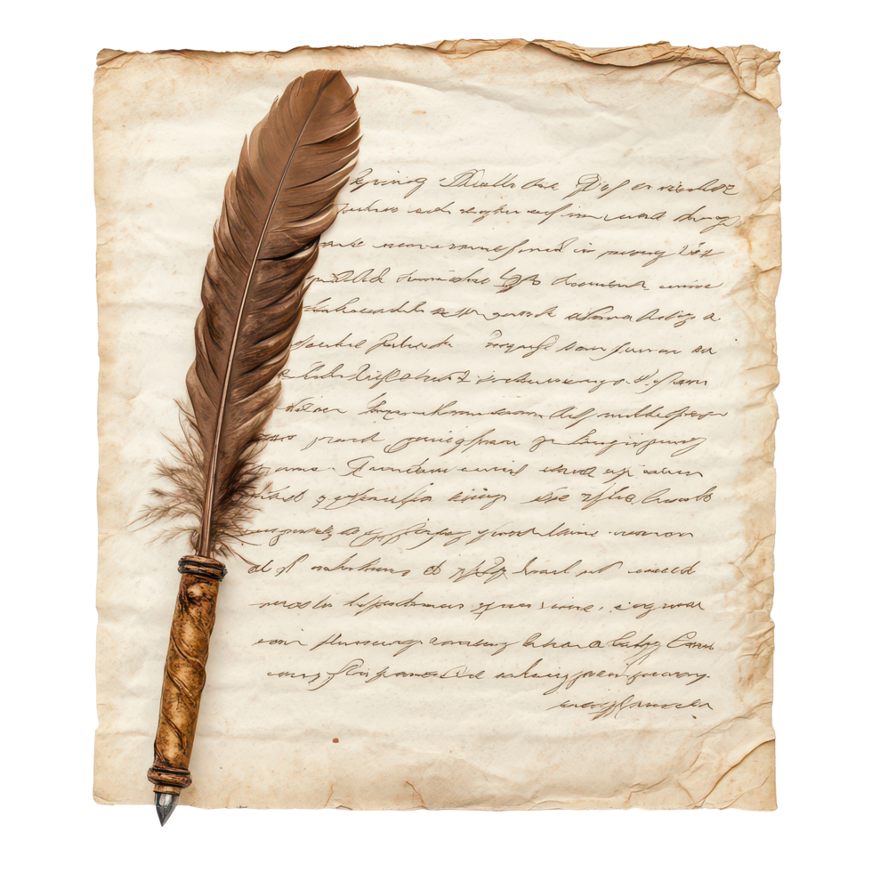 A traditional handwritten letter on aged parchment with a quill pen and ink, showcasing vintage calligraphy, A Traditional Handwritten Letter with Scroll and Feather, transparent background. png