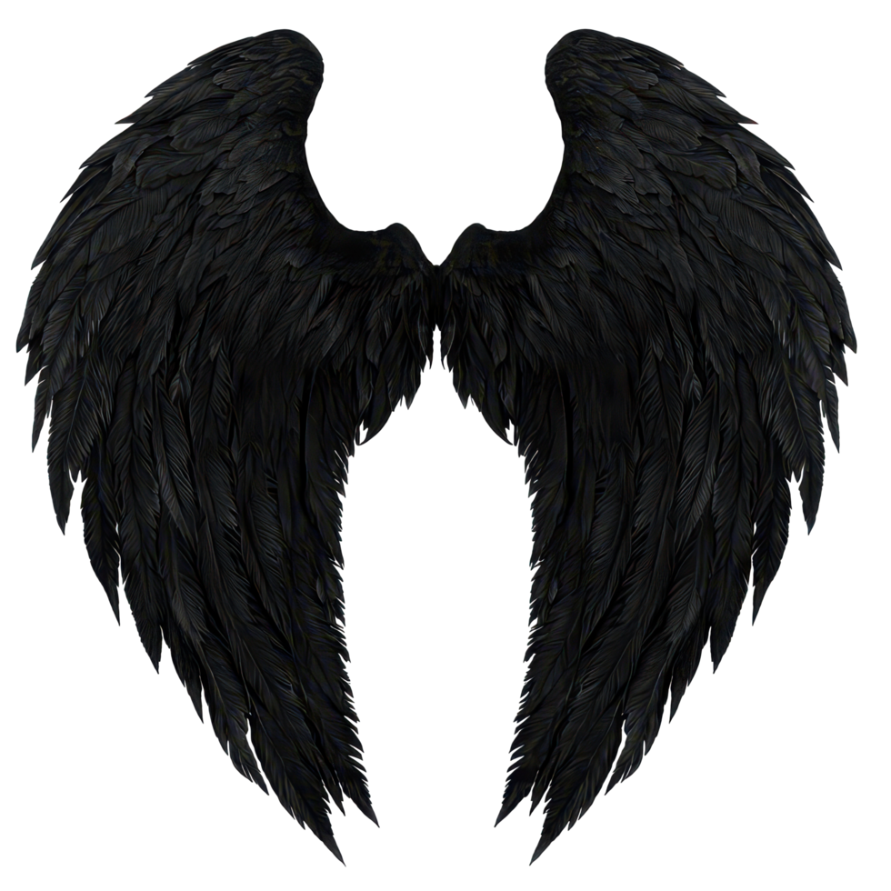 Stunning black demon wings isolated against a crisp transparent background, showcasing intricate feather details and texture, Black demon wings isolated on transparent background png