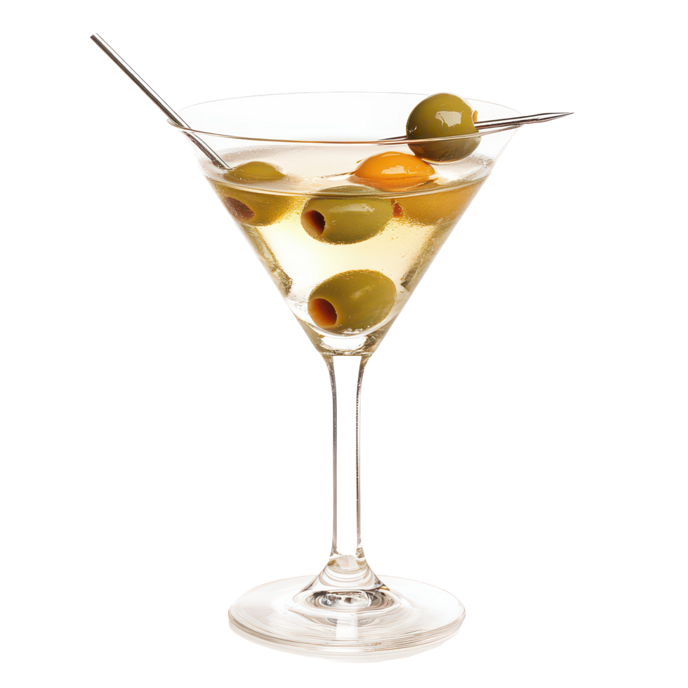 Classic martini garnished with olives on a clean transparent background captures timeless elegance and sophistication, A classic martini with olives garnish, transparent background. png