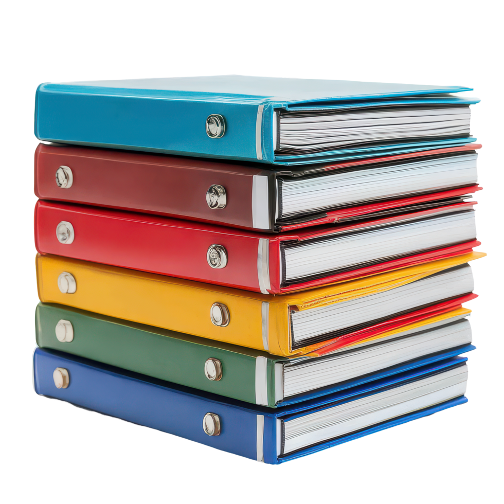 A stack of colorful binders neatly arranged against a clean transparent background for easy organization, Binders , Folders, transparent background. png