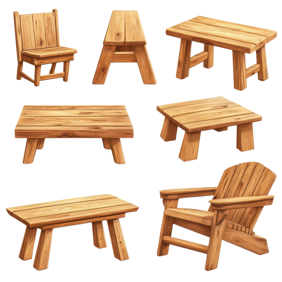 Beautiful wooden furniture bundle isolated on a tray showcasing various designs and styles for home, Beautiful wooden furniture bundle isolated on a transparent background wood furniture png