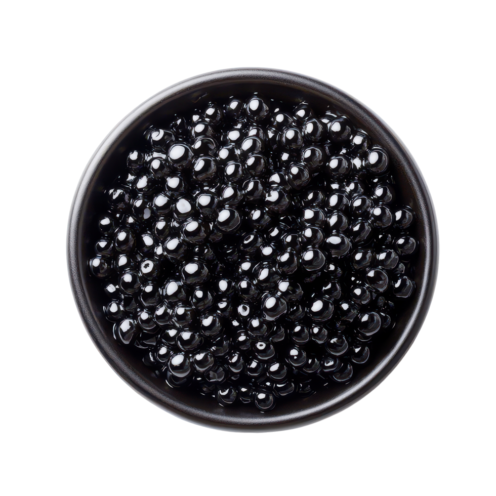 Black caviar in a bowl against a clean transparent background, highlighting its rich texture and elegant appearance, Black caviar isolated on transparent background png