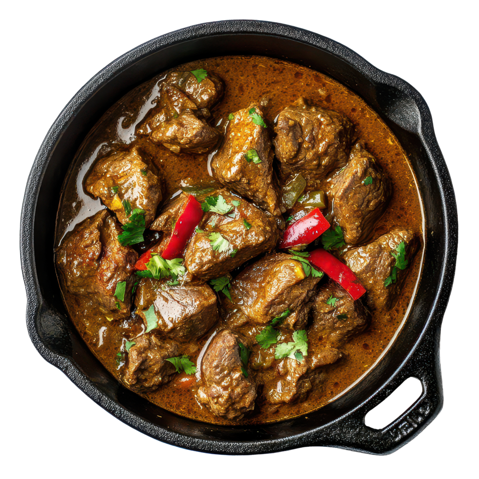 Delicious beef curry cooked in a cast iron pot served on a transparent background ready for a hearty meal, Beef Curry in a Cast Iron Pot, transparent background. png
