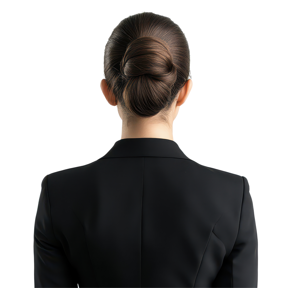 A businesswoman with a bun hairstyle stands confidently against a transparent background, Back View Business Woman with Bun on transparent background png