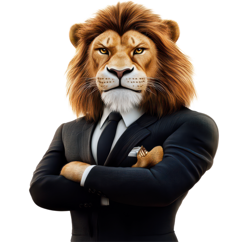 Assertive lion in a suit standing confidently against a transparent background for a bold business presentation, Assertive Lion Boss in Suit on transparent background Conceptual Artwork png