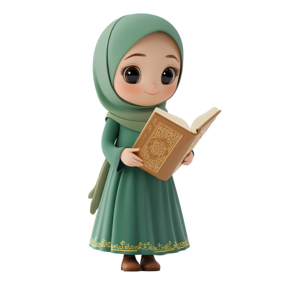 Cartoon Muslim girl wearing hijab reading Quran in a serene and cozy environment, 3D Cartoon Muslim Girl Wearing Hijab Carrying Quran Isolated on transparent background png