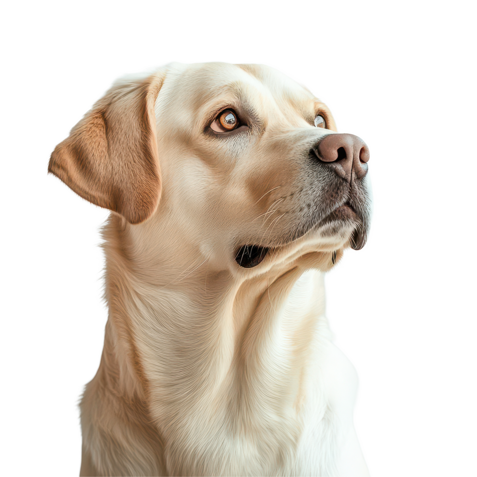 A close-up of a Labrador Retriever gazing thoughtfully against a transparent background in soft natural light, A Labrador Retriever on transparent background png