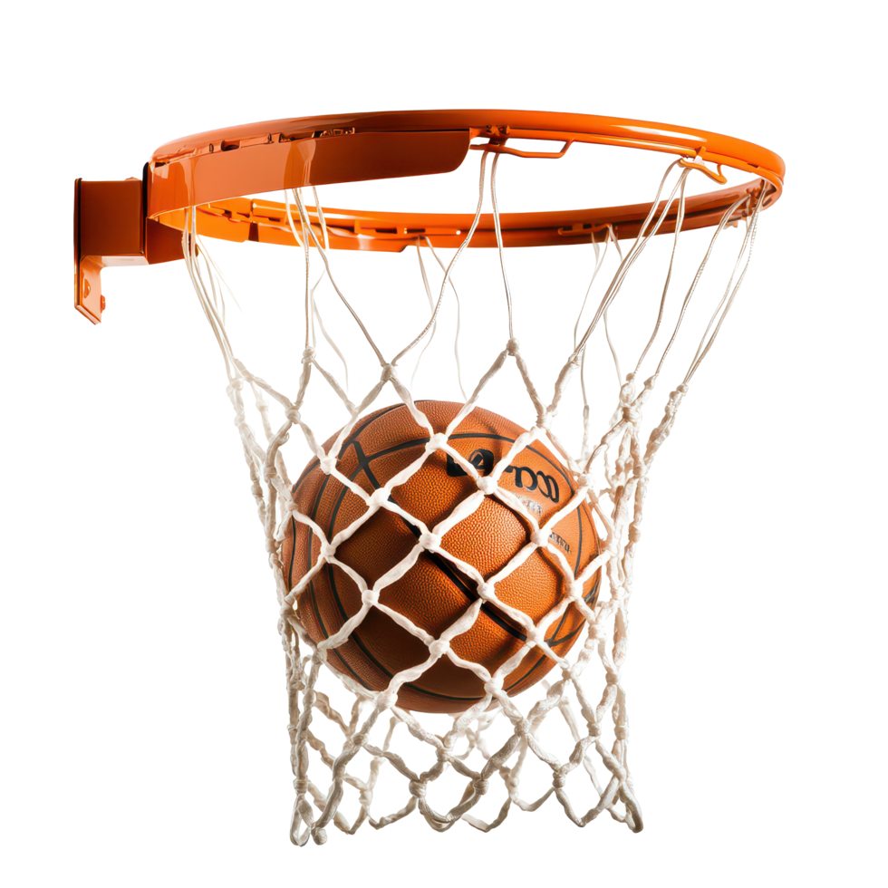 A basketball successfully swishes through the net during a game in a gymnasium setting, basketball going through the net with a ball in the basket, transparent background. png