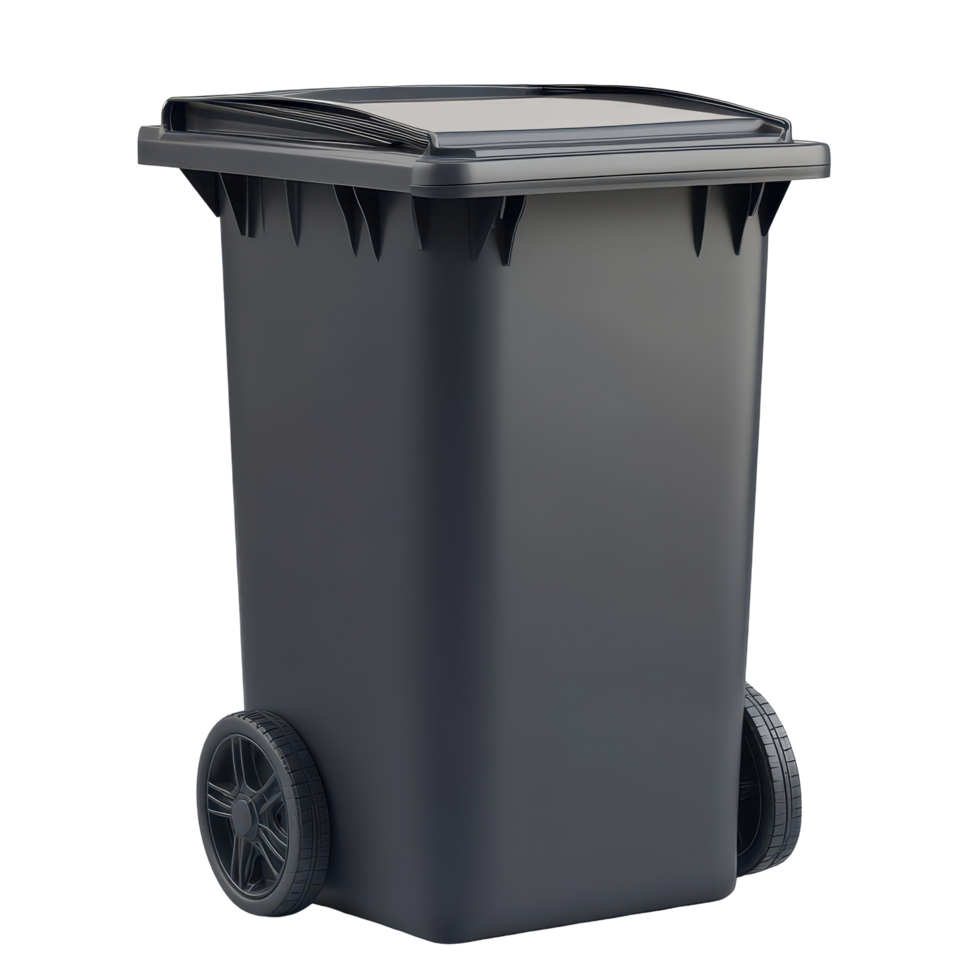 Black and grey garbage bin shiny and clean, placed on transparent background for emphasis on waste management needs, black and grey garbage bin isolated onisolated on transparent background png