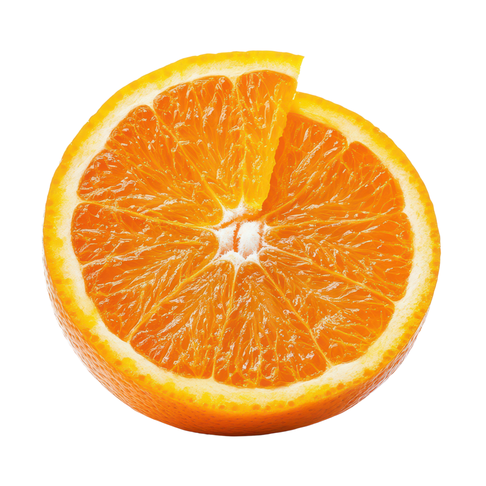 Freshly sliced acidless orange isolated on a transparent background showcasing vibrant color and juicy texture, Acidless Orangeisolated on transparent background png