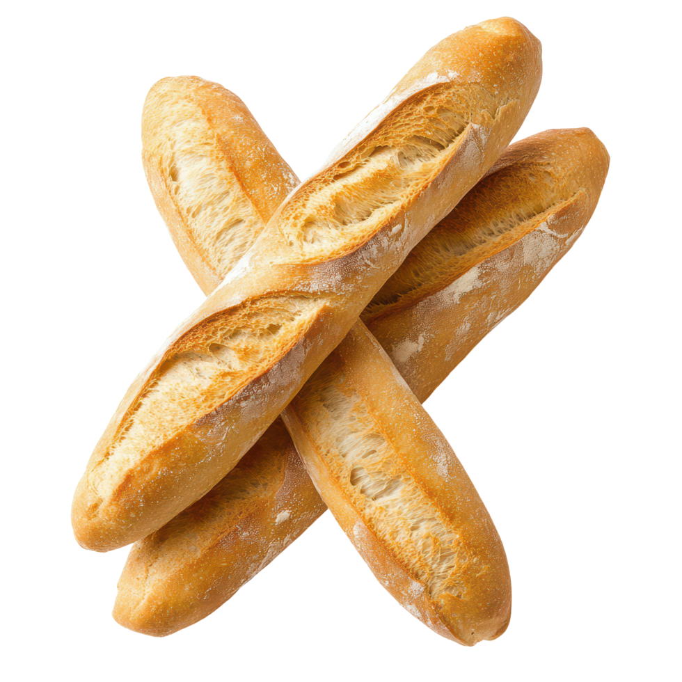 Freshly baked baguettes stacked on a transparent background showcasing artisanal bread-making style, Baguette isolated on transparent background png