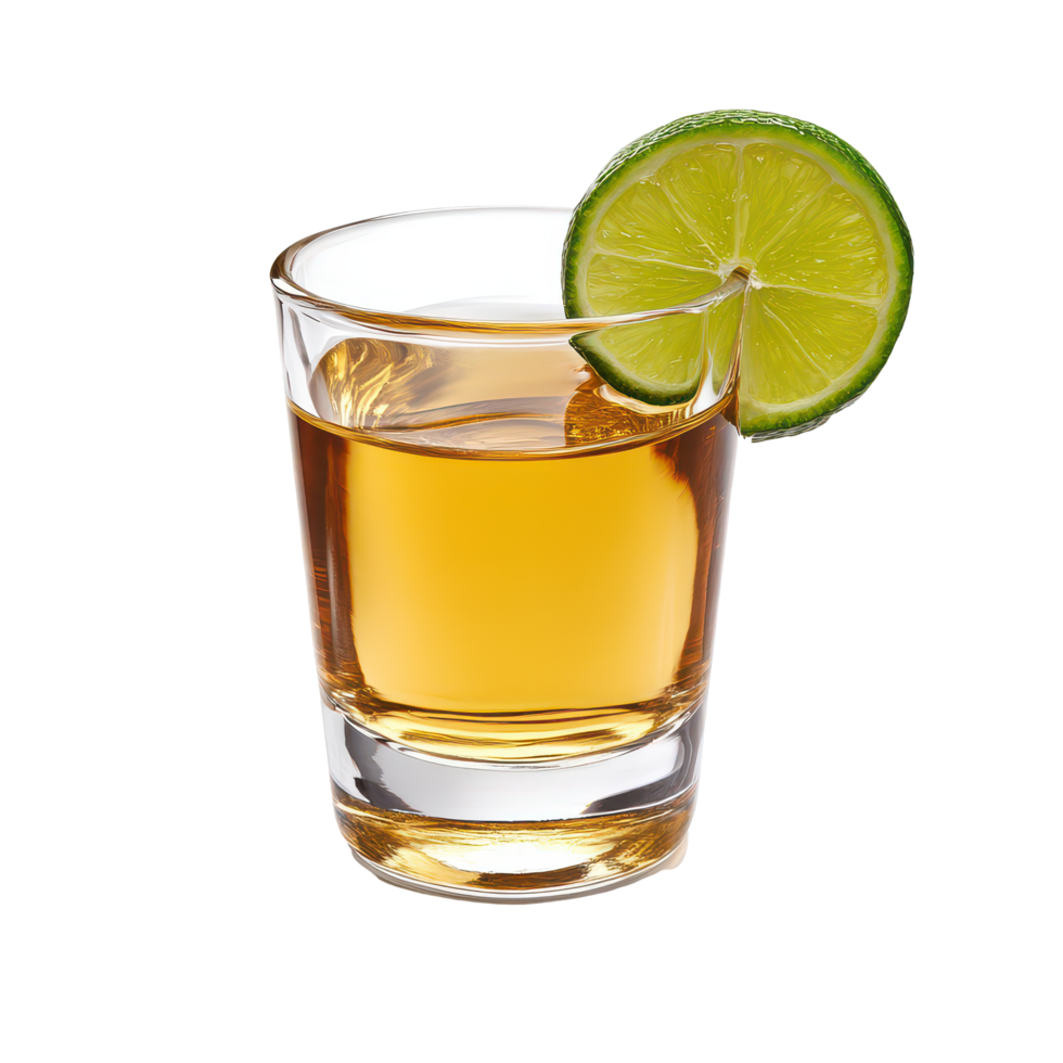Enjoying a shot of tequila with a lime wedge against a minimalist transparent background, a shot tequila, transparent background. png