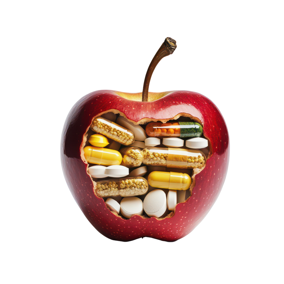 A red apple hollowed out and filled with colorful pills on a plain transparent background, Apple hollowed out and filled with pills, transparent background. png