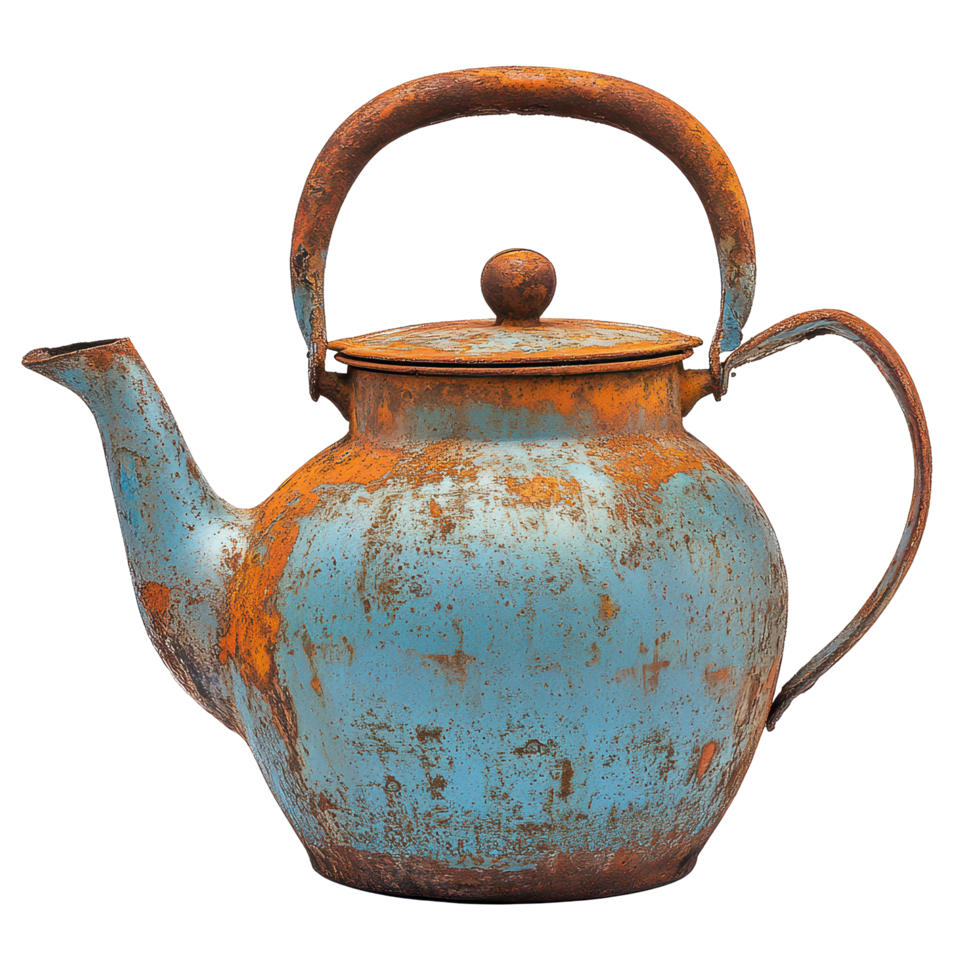 Unique vintage blue teapot with rust patina displayed against a neutral background, A large rusted blue teapot with a single handle and spout, transparent background. png