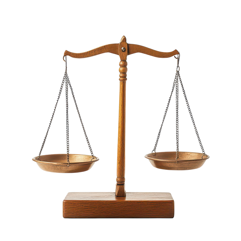 Traditional balance scales on a transparent background showcasing equality and justice concepts in a neutral setting, Balance Scales on transparent background png