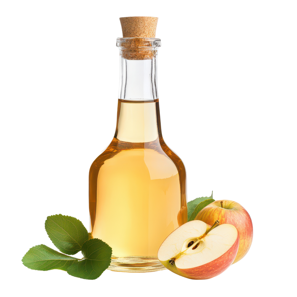 Fresh apple juice and cider vinegar in a glass bottle with green leaves and sliced apple on a transparent background, apple juice cider vinegar isolated on transparent background png