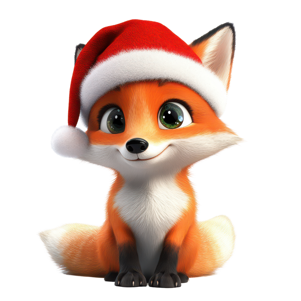 A cheerful cartoon fox wearing a Santa hat sits happily against a plain transparent background during the holiday season, 3D Cartoon Fox in Santa Hats on transparent background png